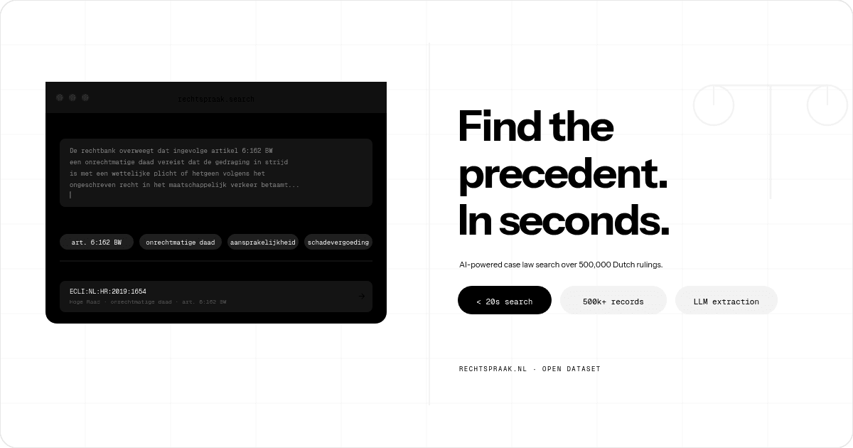 Rechtspraak case law search — interface showing extracted legal entities and summarised case results with source links